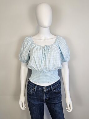 Design Lab Light Blue Gingham Smocked Waist Puff Sleeve Top Sz M